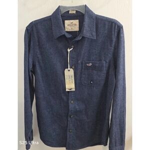NWT Hollister Epic Flex Button-Up Shirt Mens Size XS Dark Blue Long Sleeve Logo